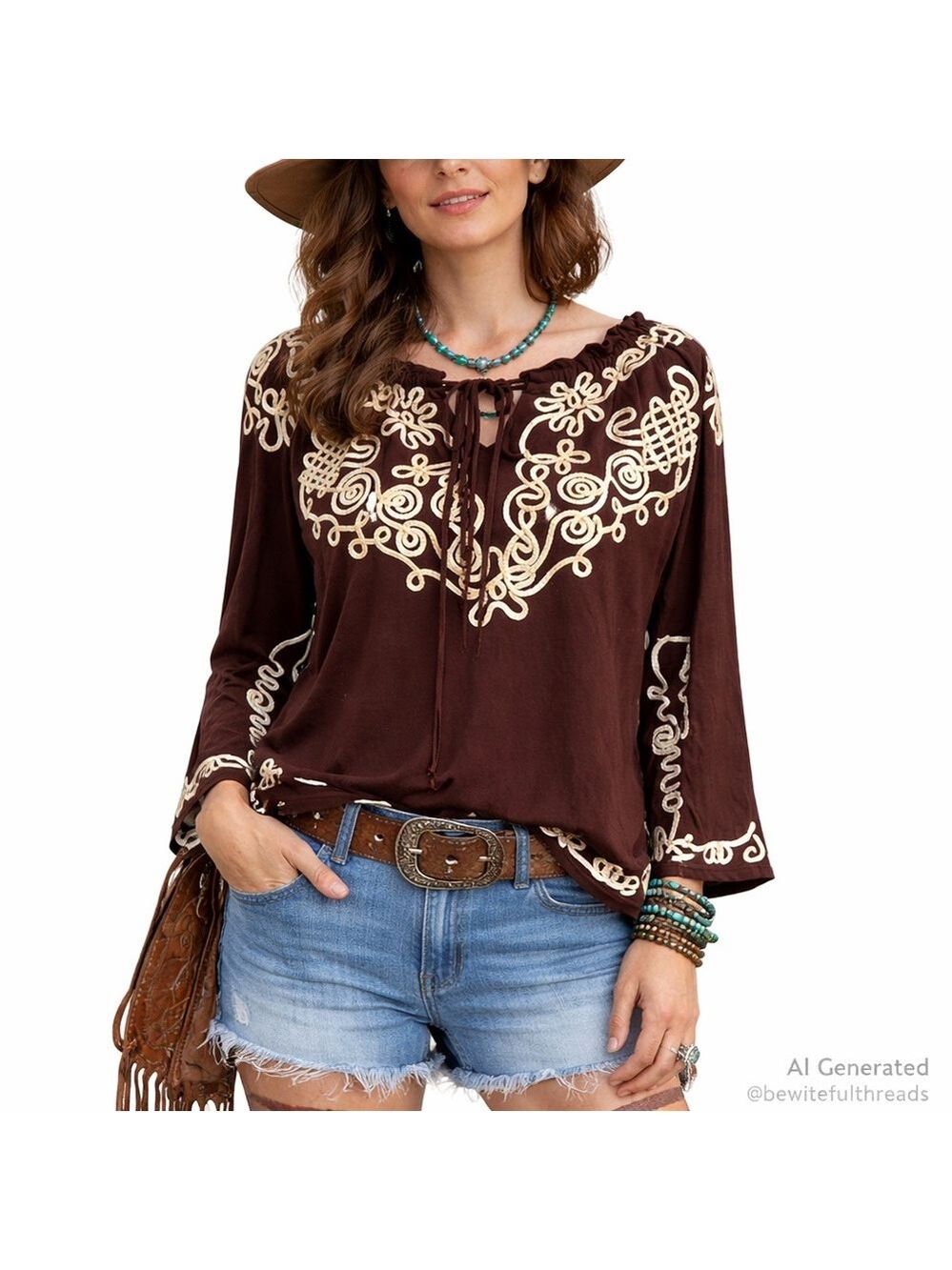 Lauren Michelle M Chocolate Brown Embroidered Boho Y2K Top